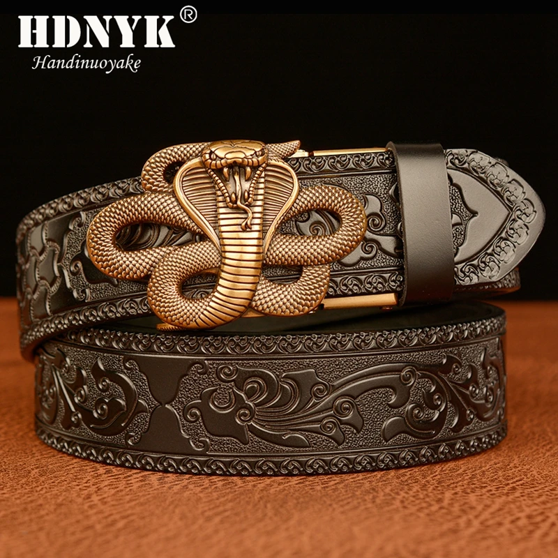 Top Trends: New Arrivel Snake Shaped Automatic Buckle Genuine Cowskin Leather Belt For Men Retro Tang Grass Pattern Strap Make Waistand Gift Shoppable Styles - Image 2