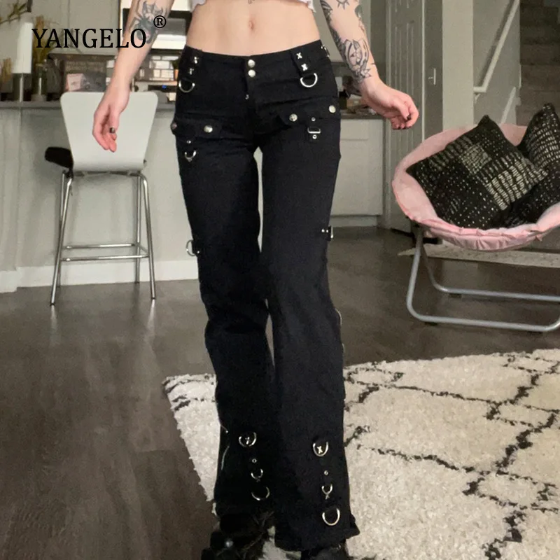 Top Trends: Yangelo Dark Punk Y2k Grunge Low Waist Emo Jeans Mall Gothic Women Black Patchwork Electro Pants Fashion Streetwear Alt Clothes Shoppable Styles