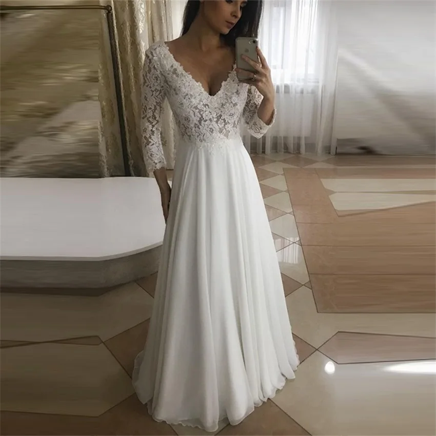 Top Trends: 2020 Long Sleeves Beach Wedding Dress Lace Chiffon Wedding Gown A-line V-neck Floor Length Bridal Dress Vestido De Novia Shoppable Styles