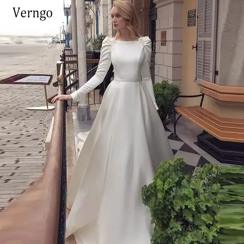 Top Trends: Verngo 2023 Latest Ivory Satin Wedding Dress Long Sleeves Scoop Neck Simple Bride Gowns Backless Elegant Bridal Dress Custom Shoppable Styles