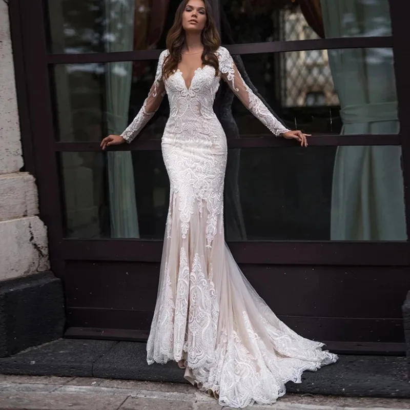 Top Trends: Luxury Mermaid Long Sleeve Lace Wedding Dresses 2024 O-Neck Tulle Bridal Gown Button Sexy Illusion Back Vestidos De Noiva Shoppable Styles - Image 3