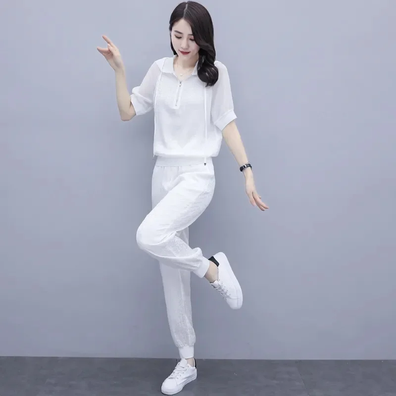 Top Trends: Women Hooded T-Shirt And Sports Pant Sets Female 2022 Summer New Korean Fashion Temperament Thin Two Piece Suit Elegant White Shoppable Styles