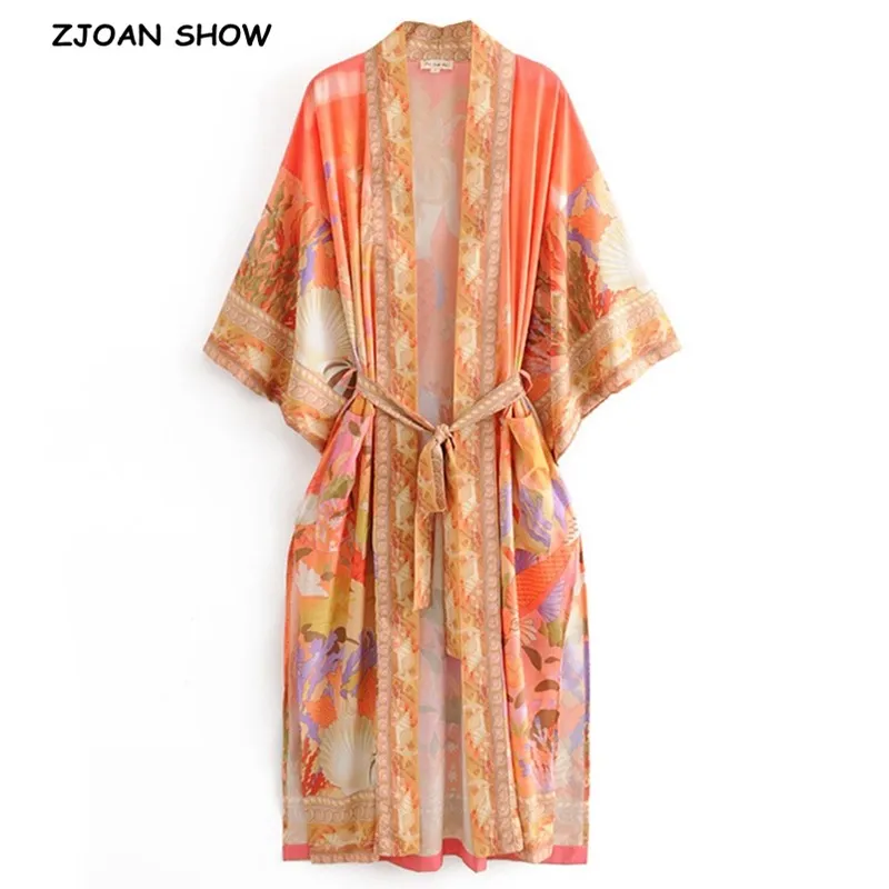 Top Trends: Bohemia Orange Mermaid Flower Crane Print Long Kimono Shirt Ethnic Lacing Up Sashes Long Holiday Cardigan Loose Blouse Tops Shoppable Styles