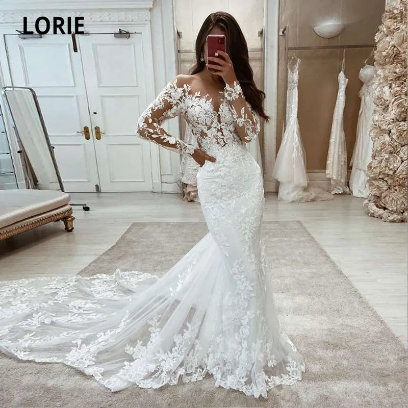 Top Trends: LORIE Boho Wedding Dresses Mermaid Lace Long Sleeves Wedding Gown Vintage White Ivory Custom Made Luxury Bridal Dress 2021 Shoppable Styles