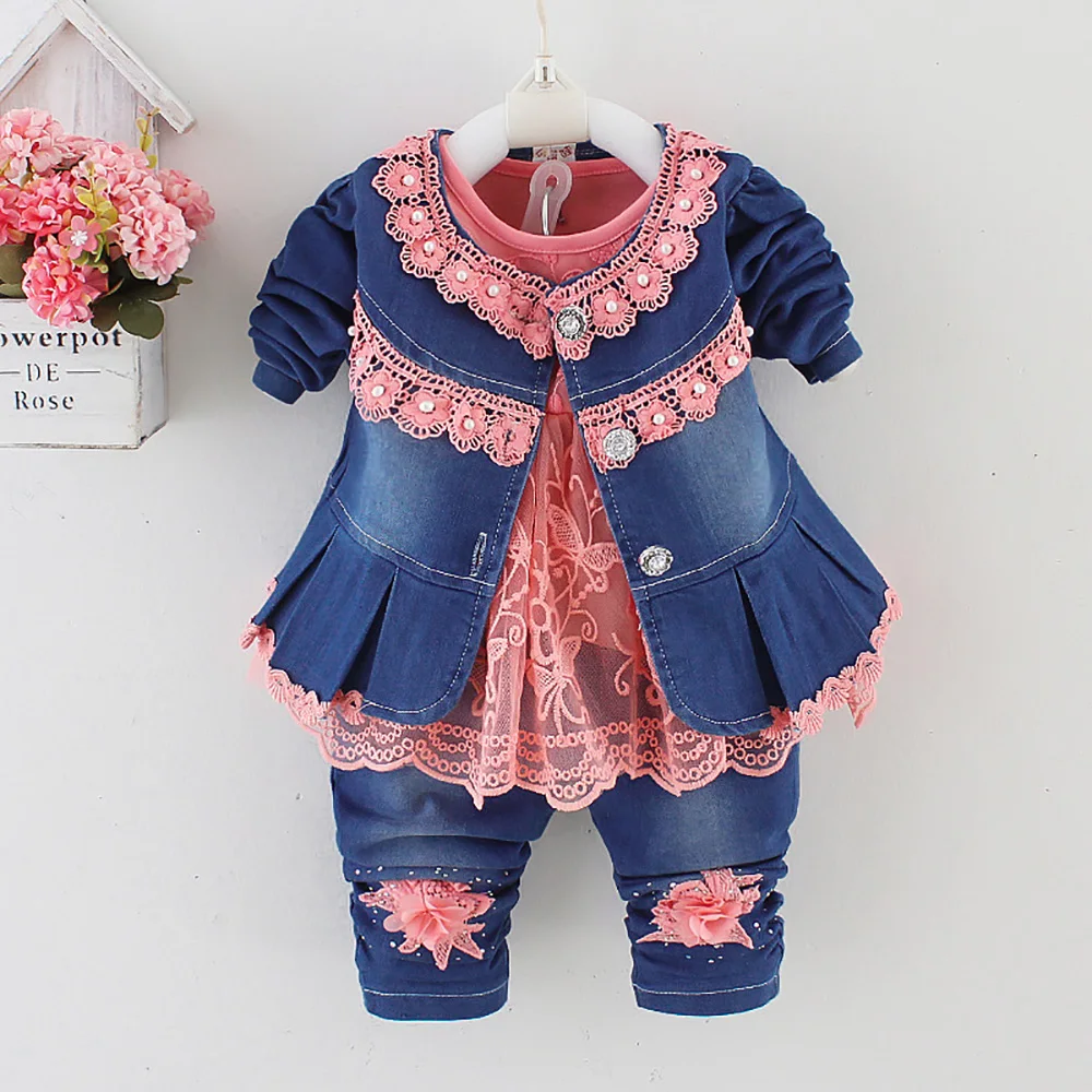 Top Trends: Spring Autumn Infant Toddler Baby Girl Denim Clothing Sets 3 Pcs Long Sleeve T Shirt Tops Denim Jacket And Jeans Trousers Shoppable Styles