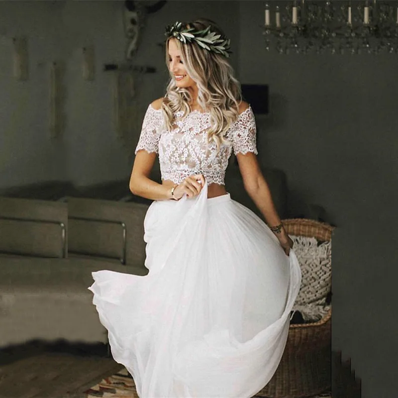 Top Trends: Charming On Sale Boho Lace Wedding Gowns Two Pieces Top Bateau Neckline Beach Dresses 2023 Bridal Short Sleeves Shoppable Styles