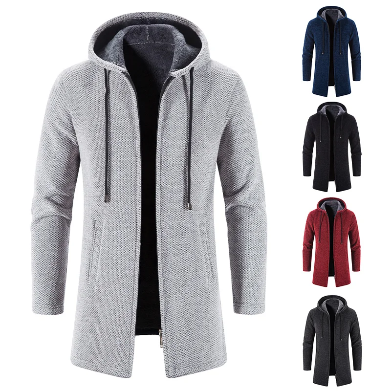 Top Trends: Men&#039;s Long Cardigan Hooded Sweater Autumn Winter Trench Coat Thick Warm Jumper Fashion Solid Red Male Jacket Zipper Clothing Shoppable Styles