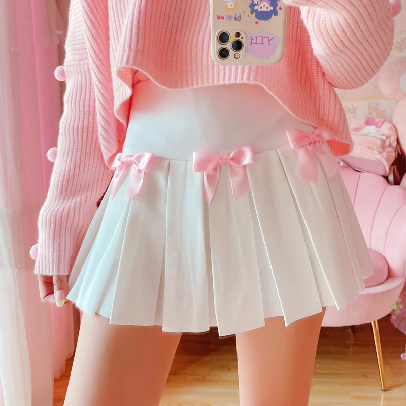 Top Trends: Autumn Kawaii Bow Pleated Mini Skirt Women Korean Fashion School Girls Uniform High Waist Skater Tennis Flare White Short Skirts Shoppable Styles