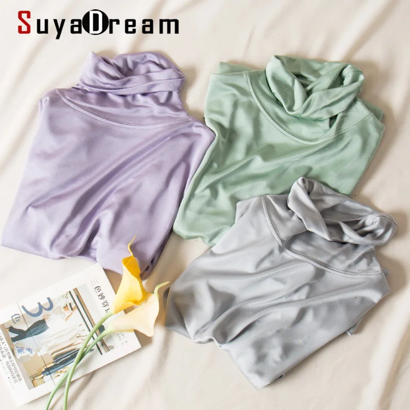 Top Trends: SuyaDream Women T Shirt Real Silk Basic Turtleneck Long Sleeve Solid Bottoming-shirt FALL WINTER Green Plus Size Spandex Top Shoppable Styles