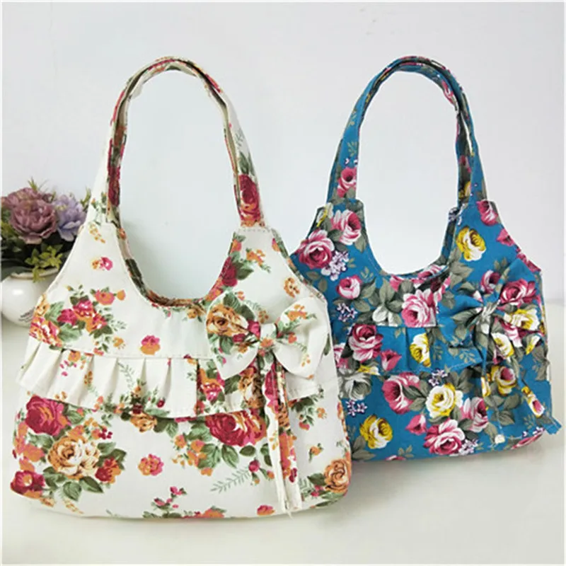 Top Trends: Retro Women Canvas Handbag Bow Shoulder Bag Female Flower Printed Fashion Small Canvas Bag Mobile Phone Bag Coin Purse Mini Bag Shoppable Styles