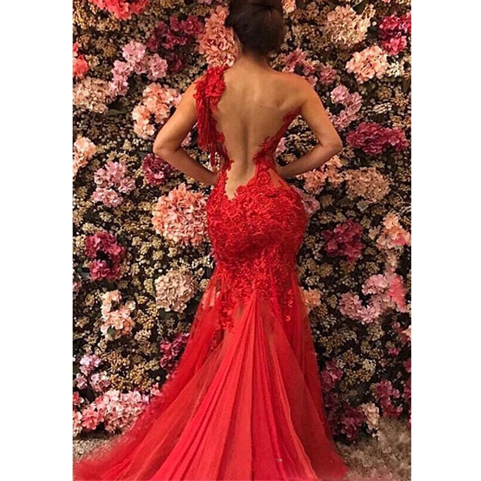 Top Trends: Red Mermaid Evening Dresses 2023 Sexy Women Formal Party Night Elegant Lace Appliques Sleeveless One-Shoulder Long Prom Gowns Shoppable Styles - Image 3