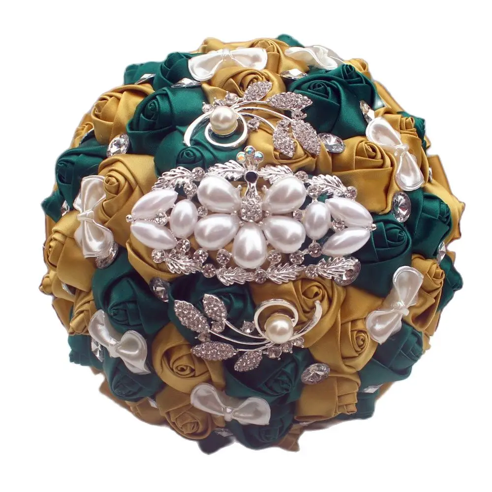 Top Trends: WifeLai-A Golden With Emerald Green Artificial Rose Bride Bouquet With Diamond Ribbon Wedding Bouquet Decoration Flowers W2913 Shoppable Styles