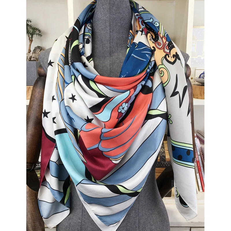 Top Trends: 130*130cm Luxury Brand Printed Cartoon Square Scarf Twill Silk Scarf Kerchief Scarves For Ladies Women Fashion Shawls Echarpe Shoppable Styles