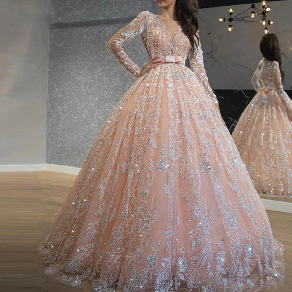 Top Trends: Luxury Pink Sequins Lace Ball Gown Evening Dresses Prom Gowns Women Formal Party Full Sleeves Shinny Elegant Robe De Soiree Shoppable Styles