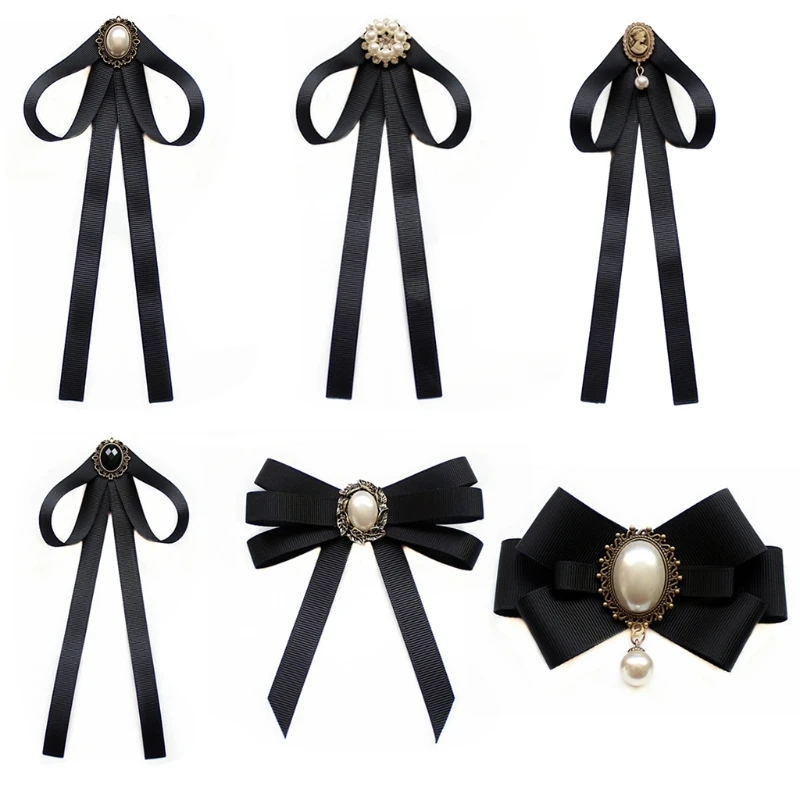 Top Trends: Imitation Pearl Ribbon Brooches Pin Bow Tie Vintage Pre-Tied Collar Jewelry Bowknot Shirt Necktie Clip For Women Girls Shoppable Styles - Image 2