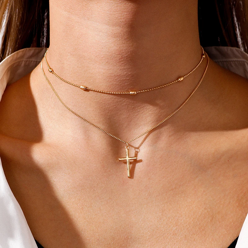 Top Trends: Romantic Cross Pendants Necklace For Women Gold Silver Color Multilayered Oval Beads Chain Necklace Minimalism Female Jewelry Shoppable Styles