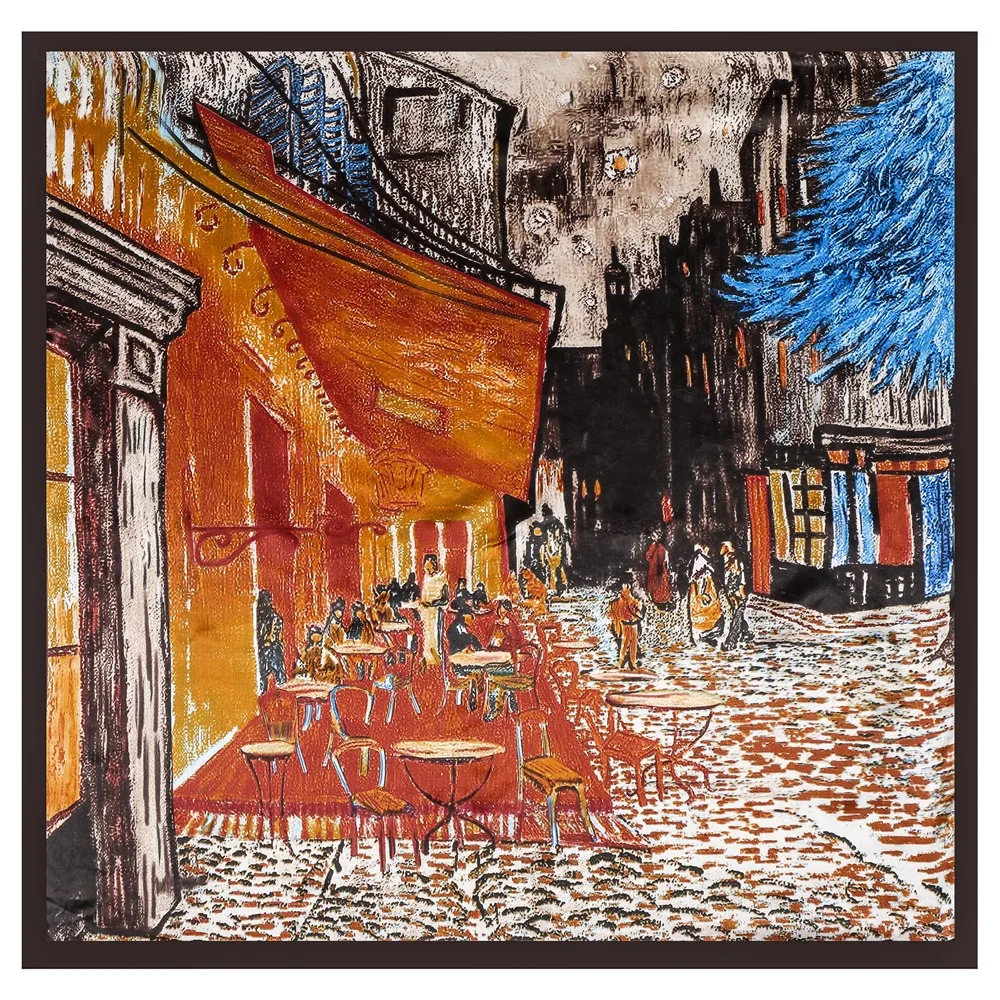 Top Trends: 90cm Silk Scarf Van Gogh Cafe Oil Painting Satin Scarf Female Fashion Luxury Brand Handkerchief Big Square Scarf Shawl Shoppable Styles