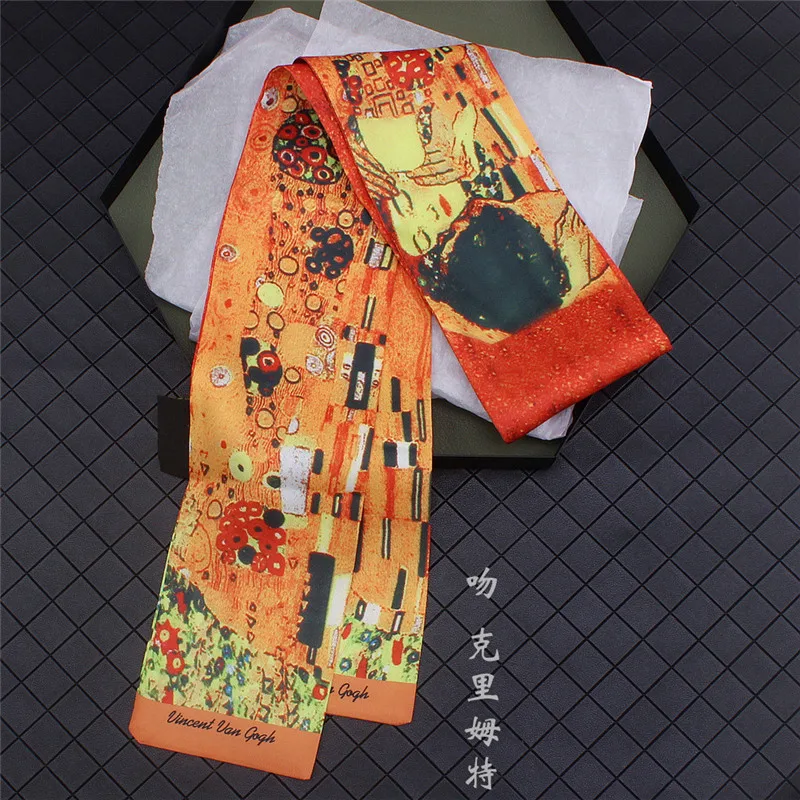 Top Trends: Gustav Klimt《The Kiss》Oil Painting Twill Silk Scarf Women Neckerchief Skinny Bag Scarf Female Headband Scarves Wraps For Ladies Shoppable Styles