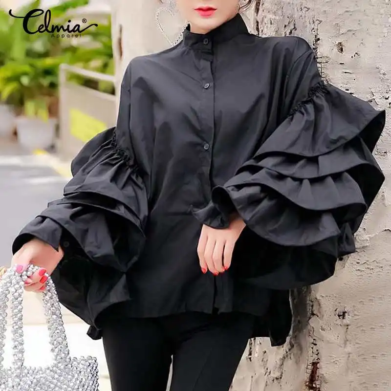 Top Trends: Women Blusas Celmia 2023 Fashion Layered Flare Long Sleeve Solid Black Blouses Streetwear Shirts Casual Elegant Buttons Tops Shoppable Styles