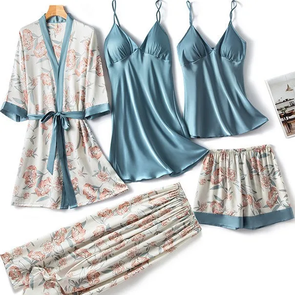 Top Trends: Satin 5PCS Kimono Robe Gown Sets For Women Print Flower Sleepwear Summer Thin Lingerie Nightwear V-Neck Bathrobe Comfy Pajamas Shoppable Styles