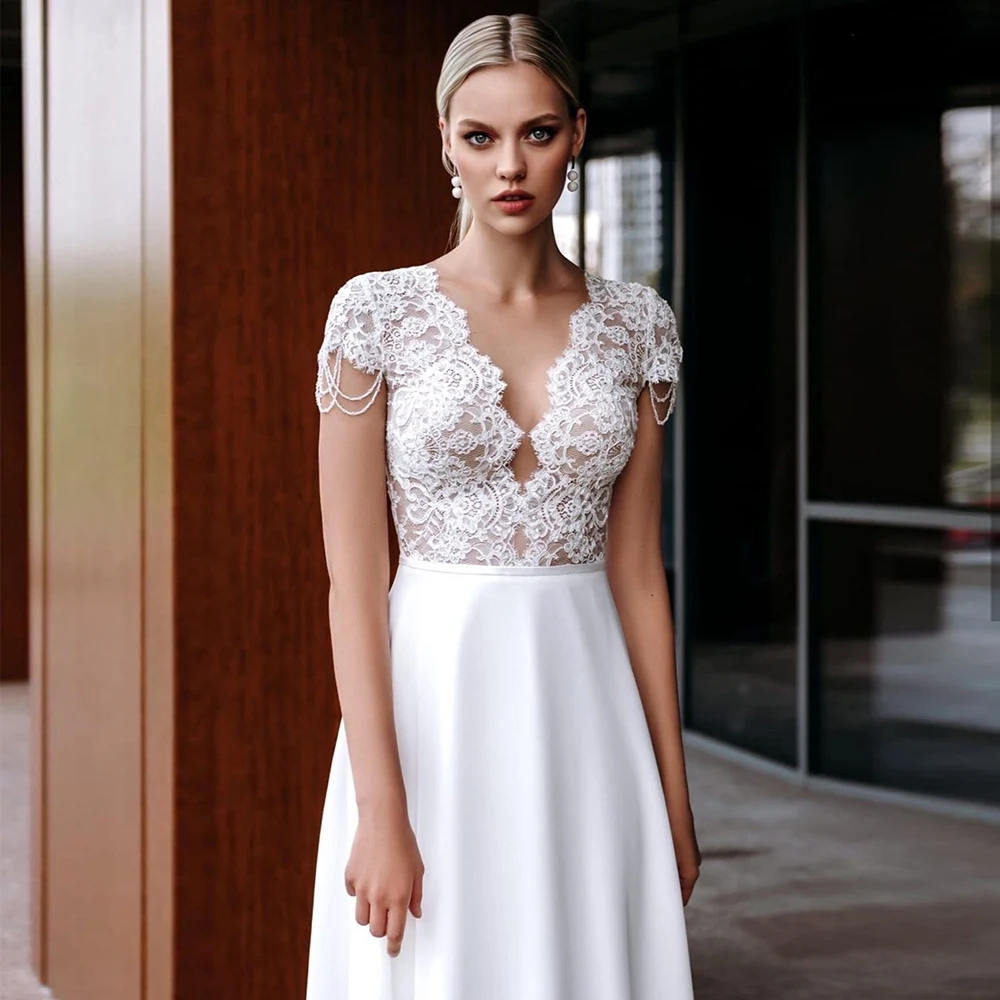 Top Trends: Simple White Chiffon Floor Length Bohemian Wedding Dress For Bride Short Sleeves Bead Button Back Civil Bridal Gowns Summer 2024 Shoppable Styles