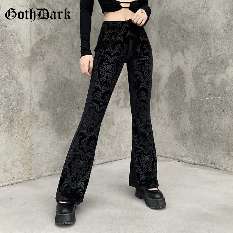 Top Trends: Goth Dark Vintage Floral Scratched Gothic Pants Velvet High Waist Skinny Flare Trousers For Women Autumn Winter Streetwear 2021 Shoppable Styles