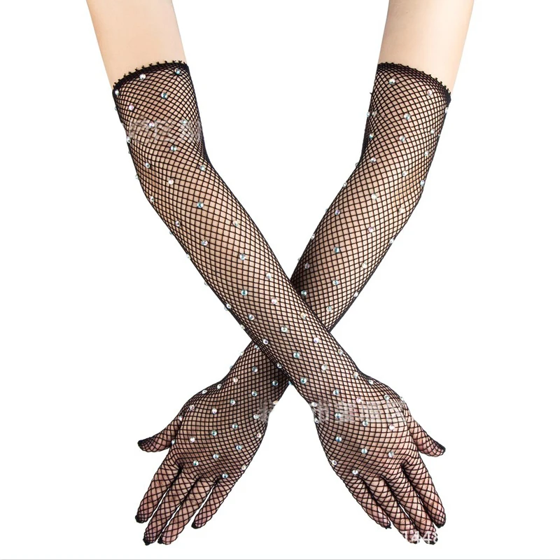 Top Trends: Stretch Rhinestones Mesh Long Gloves Flash Diamond See-through Mesh Full Finger Gloves Dancer Singer Nightclub Stage Accessories Shoppable Styles - Image 3