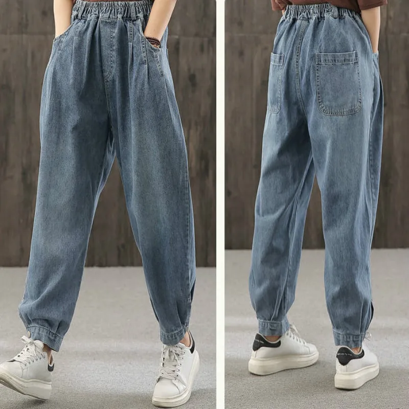 Top Trends: Retro Baggy Jeans Women Ankle Banded Denim Trousers Women Autumn Pleated Casual High Waist Wide Leg Straight Pants Jeans Woman Shoppable Styles