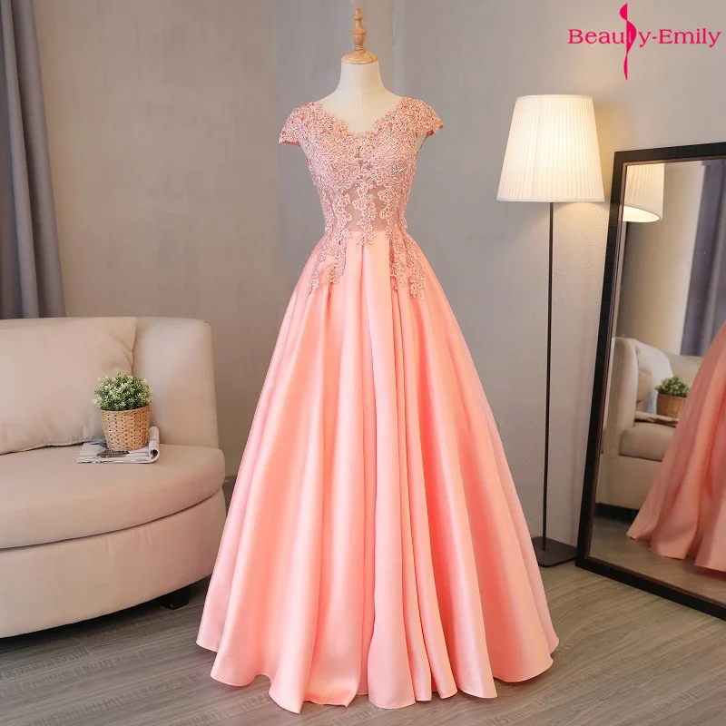 Top Trends: Beauty Emily Gorgeous 2023 Long Lace Appliques Pink Evening Dresses V Neck Sleeveless Pleated Prom Gown For Ceremony Party Dress Shoppable Styles