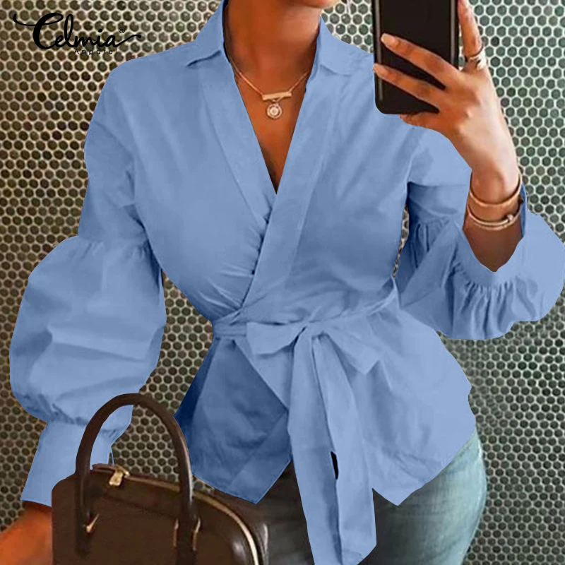 Top Trends: Celmia Women Fashion Lantern Sleeve Blouses 2023 Spring Autumn Bandage Wrapped Short Blusas Sexy V-neck Office Street Shirts Shoppable Styles