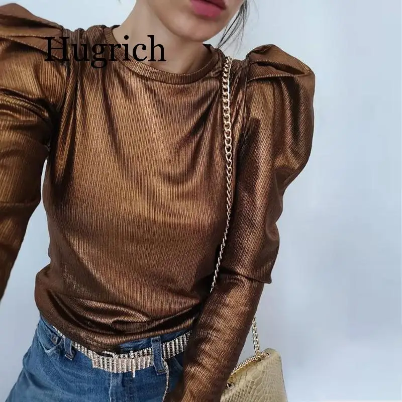 Top Trends: Gold Velvet Puff Long Sleeve Blouse Casual Shirt Women Spring O Neck Slim Fit Tops Fashion Streetwear Autumn Blouse Shoppable Styles