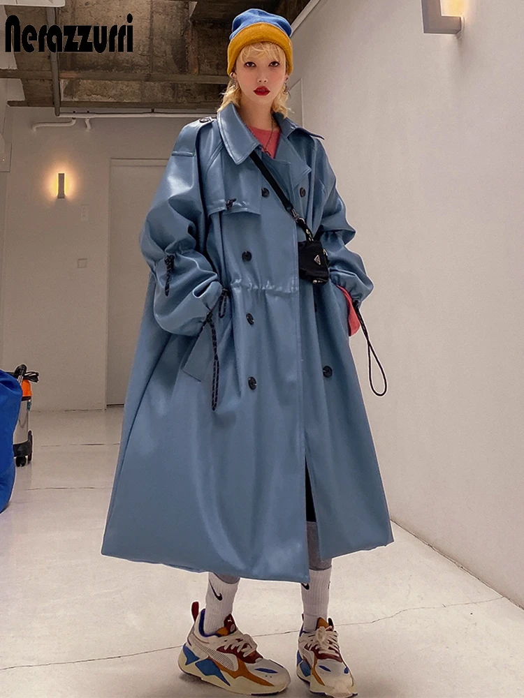 Top Trends: Nerazzurri Autumn Oversized Blue Long Leather Trench Coat Women Raglan Sleeve Drawstring Loose Casual Waterproof Raincoat 2022 Shoppable Styles