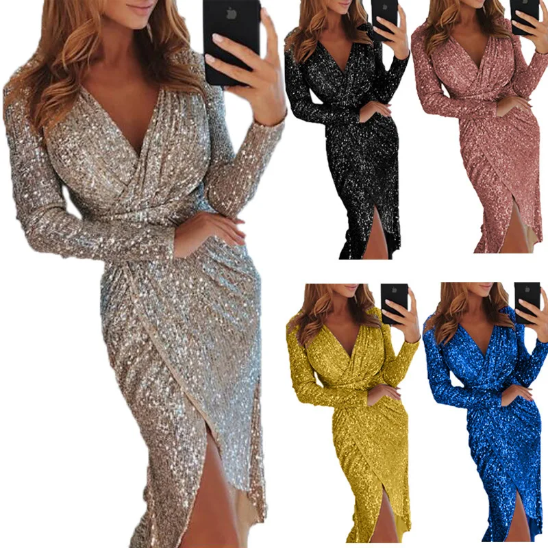 Top Trends: Women Clothes Bodycon Dress New Ladies Bronzing Long-sleeved V-neck Bright Sparkling Dresses Dinner Sexy Dress SL26 Shoppable Styles