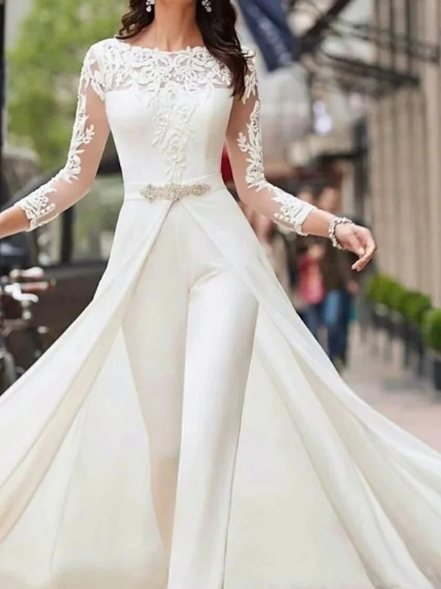 Top Trends: Wedding Jumpsuit Bride Wedding Dresses 2021 Vestidos Elegantes Para Mujer Shealth Long Sleeves Tulle Appliqued Bridal Gown Shoppable Styles