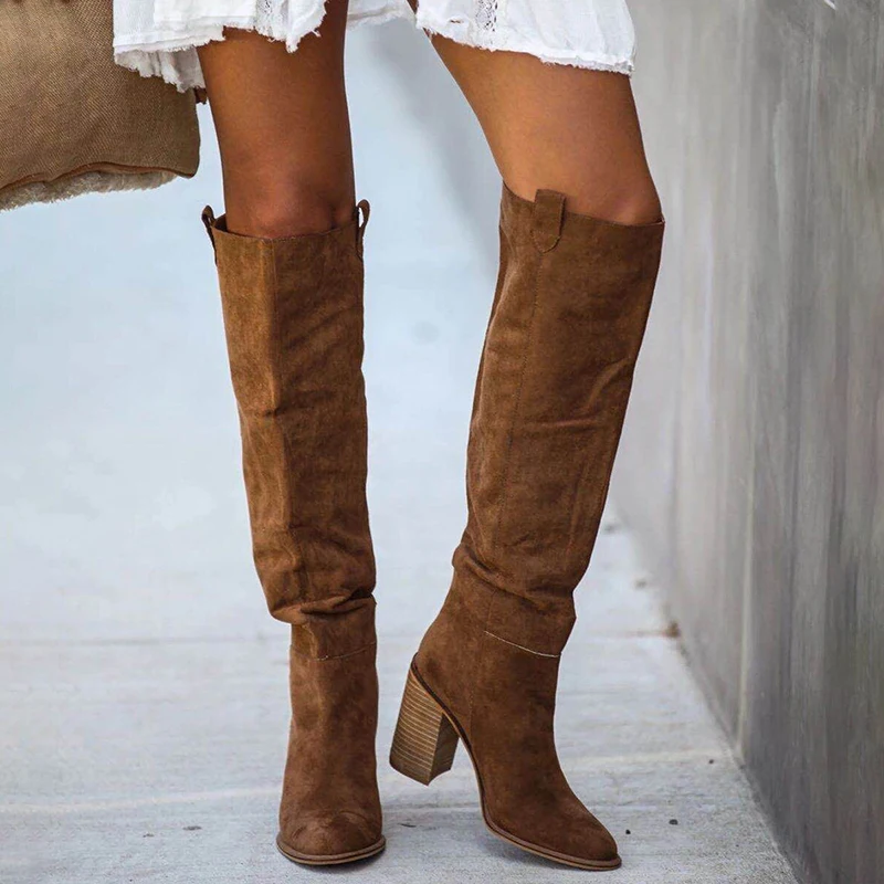 Top Trends: Women Suede Knee High Boots Ladies Solid Pointed Toe Tall Boots Retro Roman High Heels Shoes 2022 Female Autumn Winter Long Boot Shoppable Styles