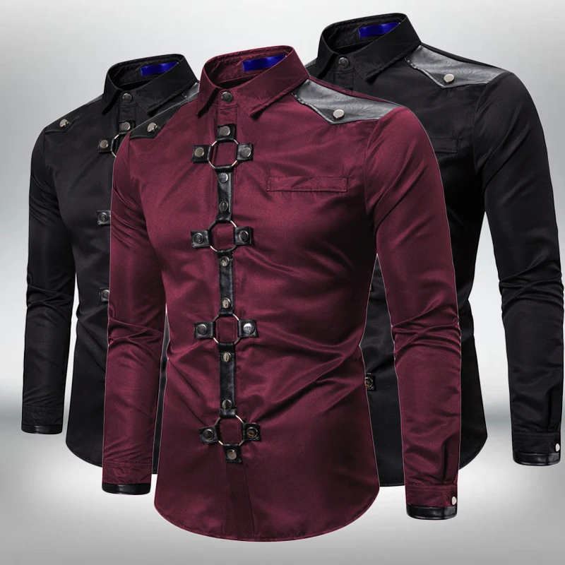 Top Trends: Fashion Long Sleeve Shirt Men New Goth Style Rivet Solid Color Cargo Shirt Slim Fit Party Singer Stage Streetwear Shoppable Styles