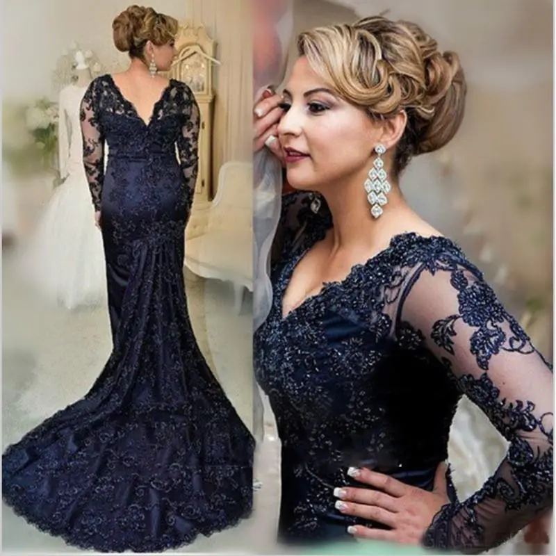 Top Trends: On Sale Classic Dark Navy Lace Mermaid Mother Of The Bride Dresses Long Sleeve V Neckline Wedding Party Gowns Back Out 2023 Shoppable Styles