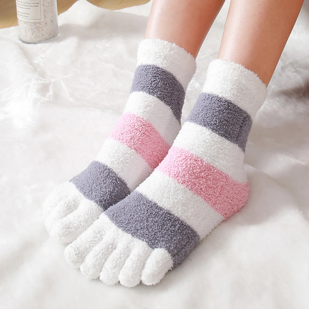 Top Trends: Women's Thick Five Finger Socks Winter Warm Coral Fleece Fluffy Toe Socks Striped Soft Cozy Hosiery Girls Female Floor Slippers Shoppable Styles - Image 4