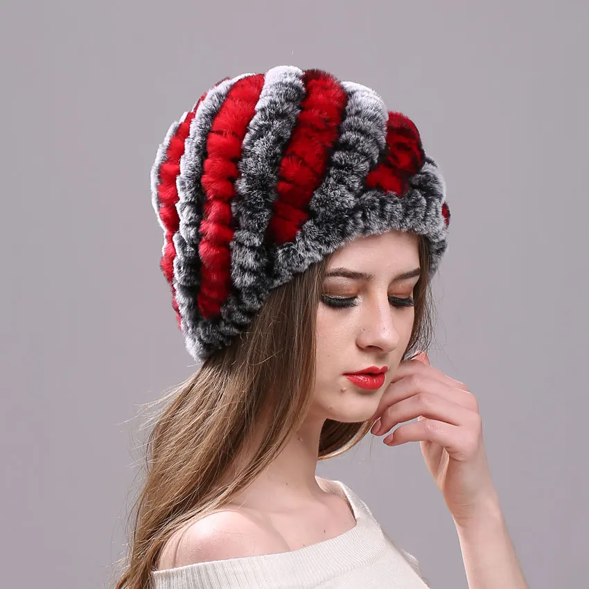 Top Trends: Real Rex Rabbit Fur Hat Elastic Knitted Cap With Stripe Design Winter Hat For Women Ladies Autumn Headgear Fashion Girls Bonnets Shoppable Styles