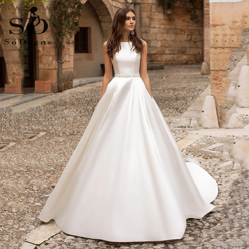 Top Trends: SoDigne Satin Princess Wedding Dresses Scoop Neck Pockets Bride Dresses Buttons Country White Wedding Gowns Plus Size Shoppable Styles