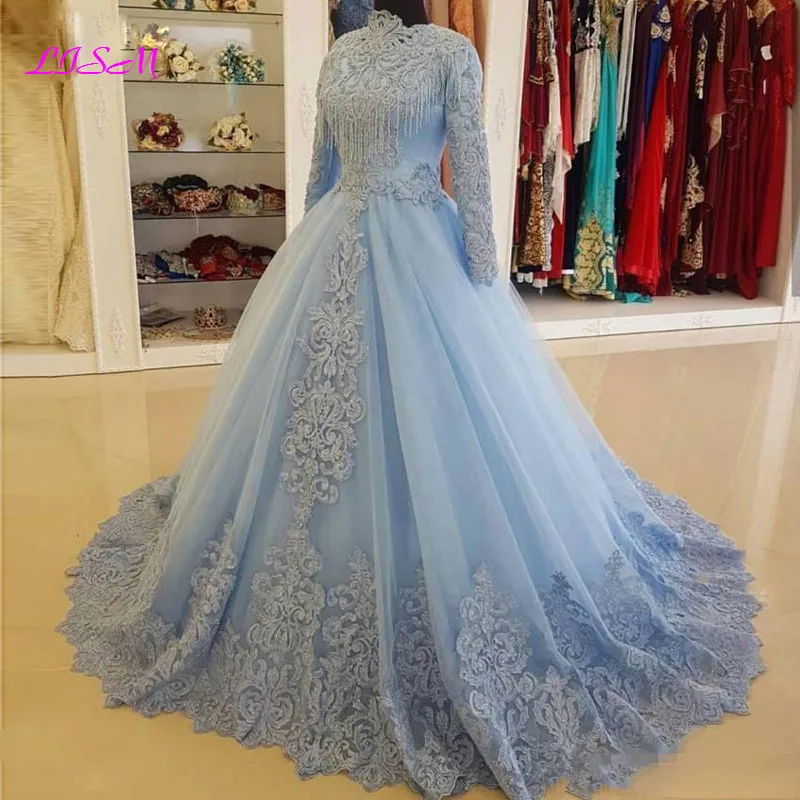 Top Trends: Light Blue High Neck Long Sleeves Evening Dresses 2024 Vintage Lace Applique Arabic Muslim Prom Dress Formal Party Gowns Shoppable Styles