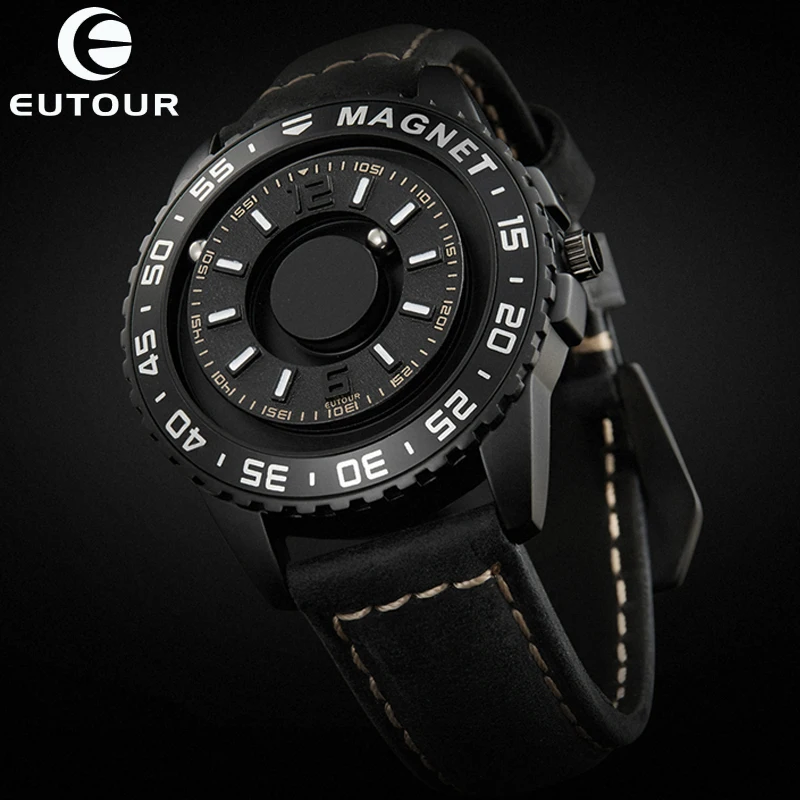 Top Trends: Eutour Creative Watch Men Unique Black Sliver Dial Magnetic Magnet Beads Turntable Rotation Metal Ball Male Watches Rubber Clock Shoppable Styles