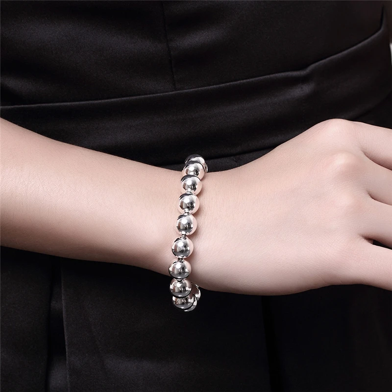 Top Trends: DOTEFFIL 925 Sterling Silver 24K Gold 8mm / 10mm Hollow Circle Ball Beads Silver Beaded 20cm Bracelet Woman Charm Fashion Jewelry Shoppable Styles - Image 4