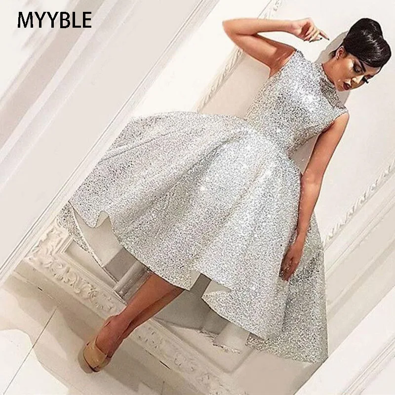 Top Trends: Fashion High Neck Short Prom Dresses 2020 Silver Sleeveless Knee Length Ball Gown Knee Length Formal Party Gown Vestido De Gala Shoppable Styles