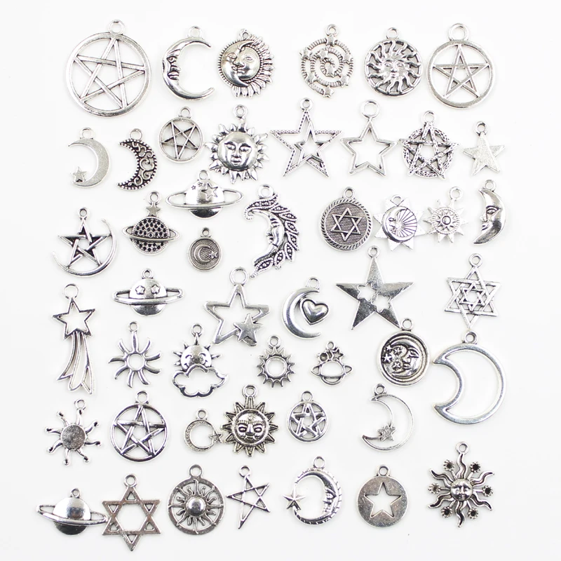 Top Trends: 30pcs Charms Star Moon Sun Cloud Planet Mars Antique Silver Color Mixed Pendants DIY Making Findings Tibetan Handmade Jewelry Shoppable Styles