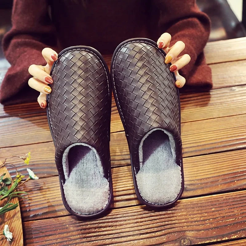 Top Trends: Brand Plaid Leather Handmade Men House Slippers Winter Slip On Soft Comfort Black Brown Bedroom Indoor Flat Men Shoes 2022 Shoppable Styles - Image 6