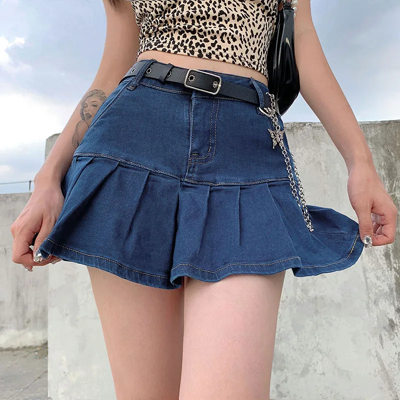 Top Trends: Harajuku Punk Y2K Denim Mini Pleated Skirt Ladies Summer High Waist Jeans Shorts Skirts Women Ruffles Fashion Korean Shoppable Styles