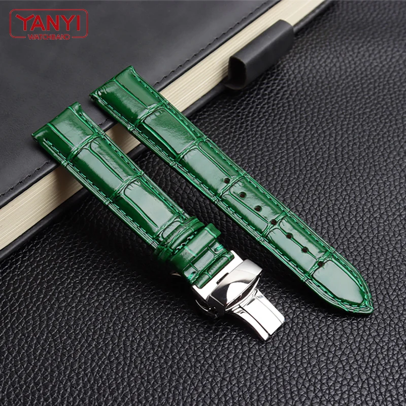 Top Trends: COW LEATHER Watchband 12 -24mm Glossy Green Watch Strap Genuine Leather Bracelet 15mm 20mm 22mm Watch Band Wristwatches Band Shoppable Styles