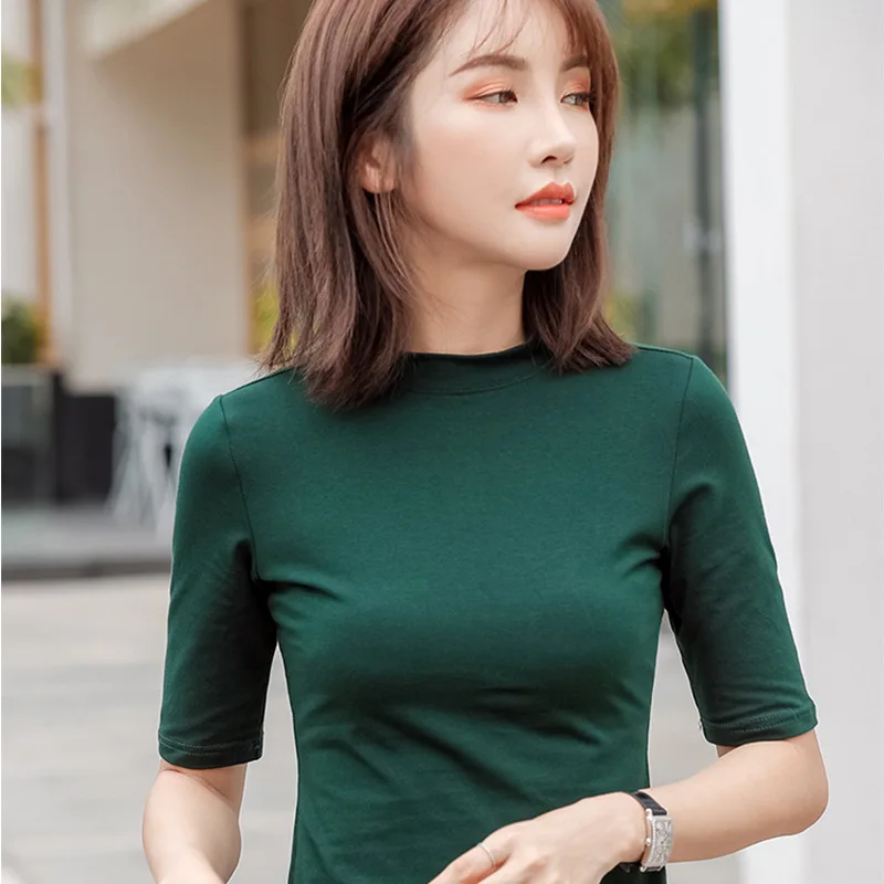 Top Trends: Freeshipping Women Cotton T-shirt High Collar Solid Color Lady Tees Half Sleeve Women&#039;s Clothing All Match Female T-shirts Shoppable Styles