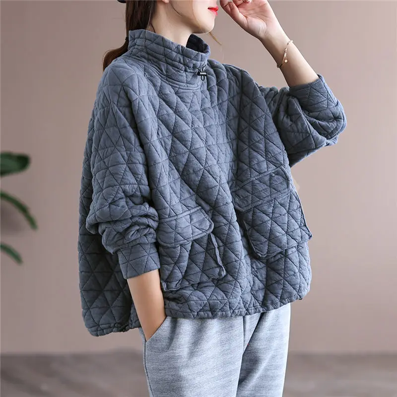 Top Trends: Autumn Winter Clothes Female Leisure Thermal Cotton High-Neck Sweatshirt Women Loose Hedging Rhombic Quilted Jacket Tops M2059 Shoppable Styles